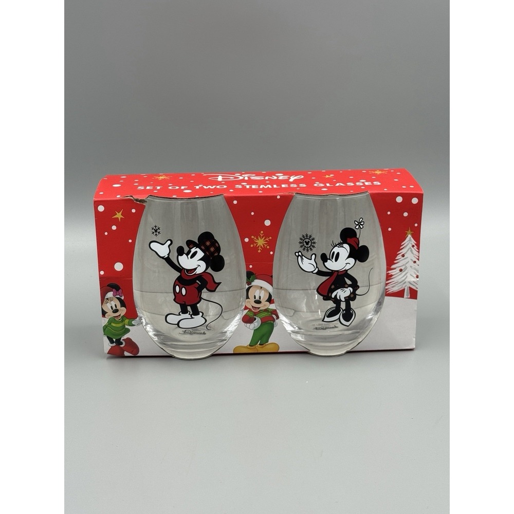 Disney Mickey & Minnie Christmas Holiday Stemless Glasses Set of 2